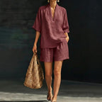 Women's loose batwing sleeve two-piece set by Plush Fashion Hub, casual summer beach outfit with relaxed fit and lightweight fabric.