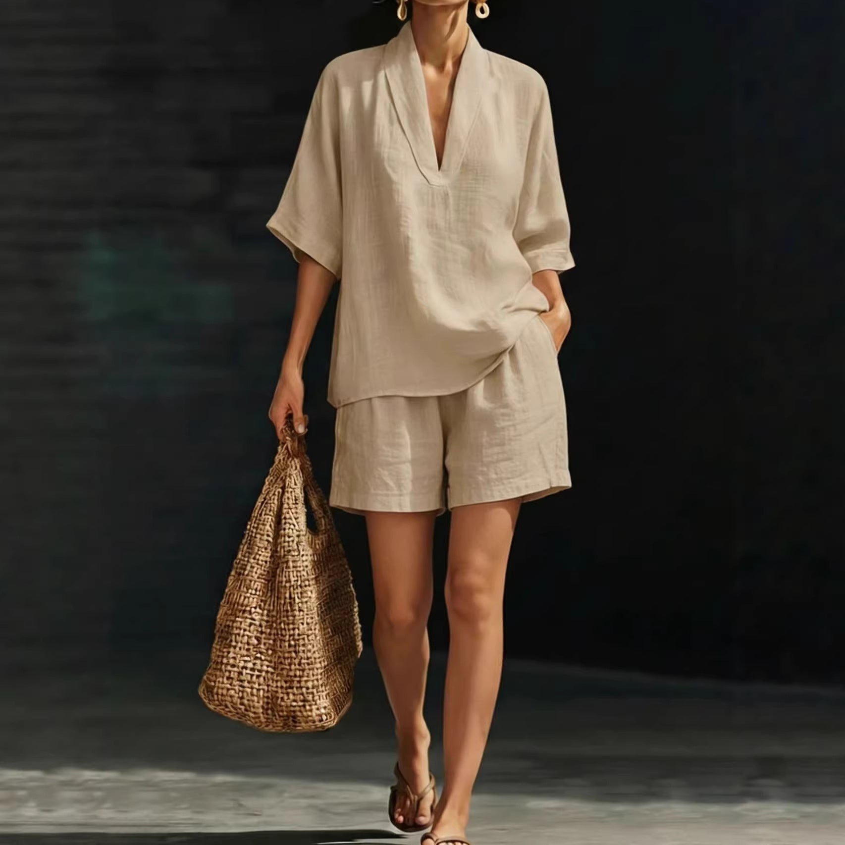 Women's loose batwing sleeve two-piece set by Plush Fashion Hub, casual summer beach outfit with relaxed fit and lightweight fabric.