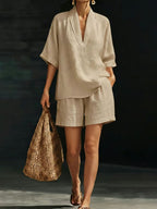 Women's loose batwing sleeve two-piece set by Plush Fashion Hub, casual summer beach outfit, relaxed fit and stylish design.