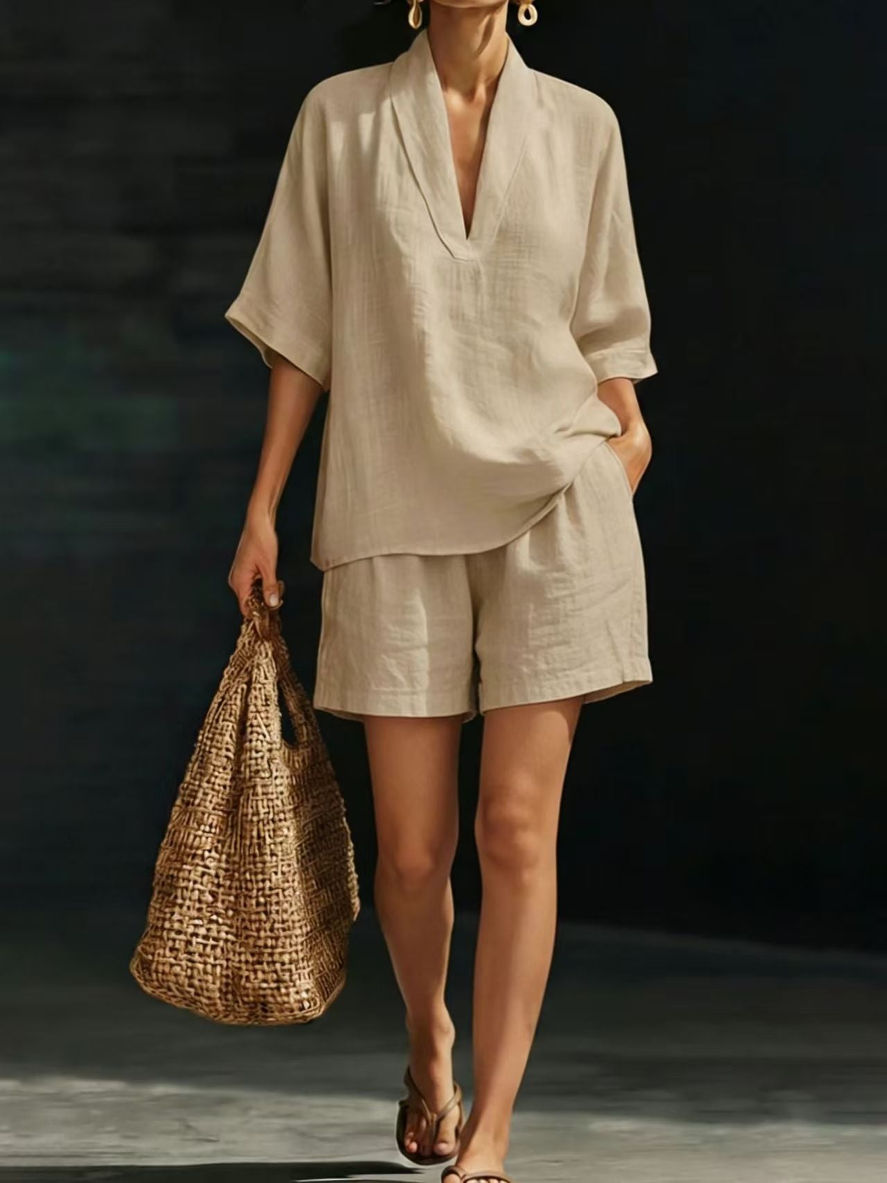 Women's loose batwing sleeve two-piece set by Plush Fashion Hub, casual summer beach outfit, relaxed fit and stylish design.