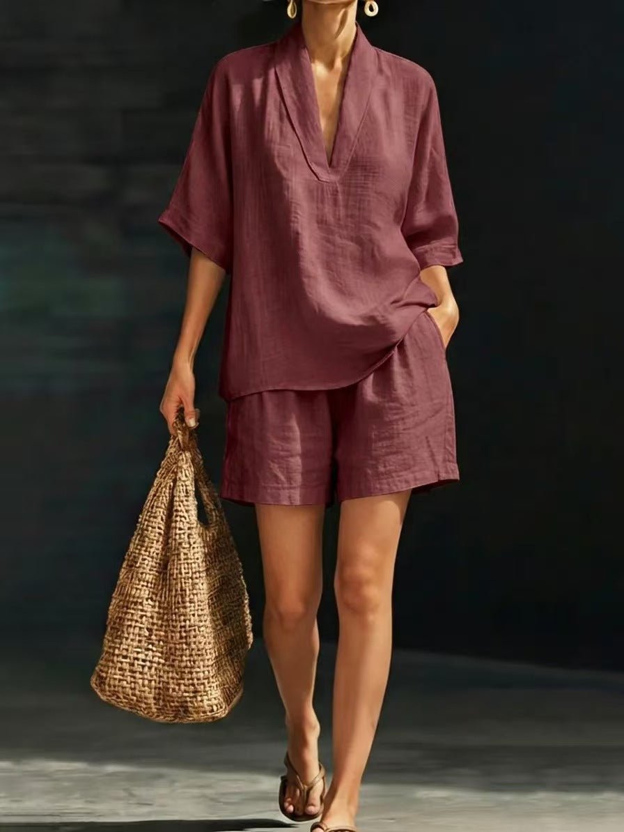 Women's loose batwing sleeve two-piece set by Plush Fashion Hub, casual summer beach outfit with relaxed fit and lightweight fabric.