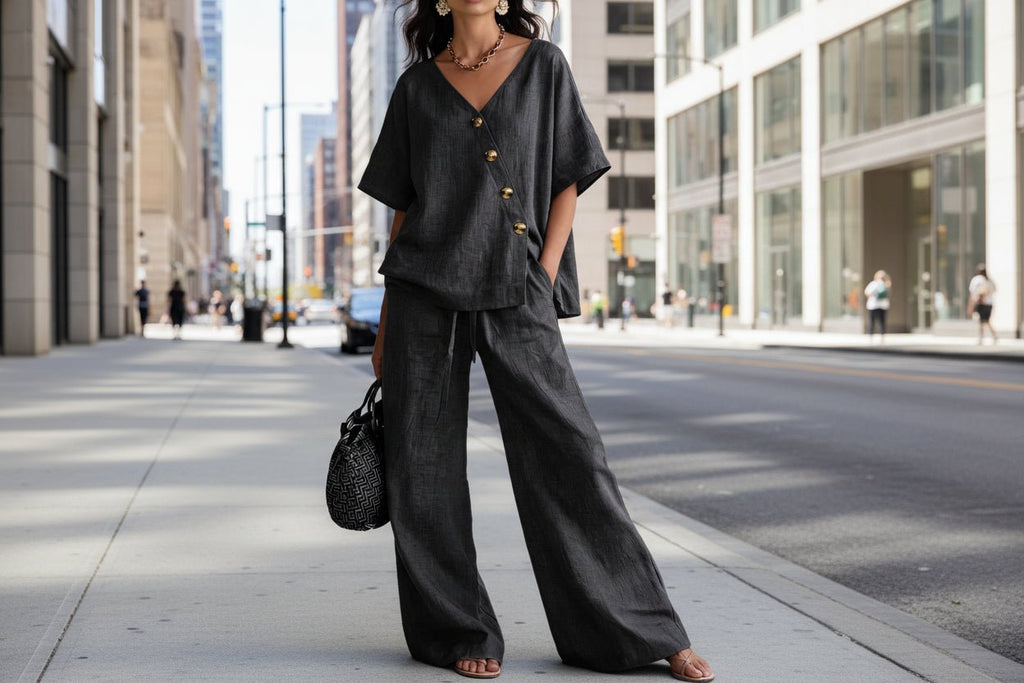 Women's loose cotton-linen V-neck top and wide-leg pants set by FitiqueFit, casualwear with relaxed fit and breathable fabric.