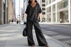 Women's loose cotton-linen V-neck top and wide-leg pants set by FitiqueFit, casualwear with relaxed fit and breathable fabric.