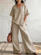 Women’s loose cotton-linen V-neck top and wide-leg pants set by FitiqueFit, casualwear outfit, relaxed fit, soft fabric.