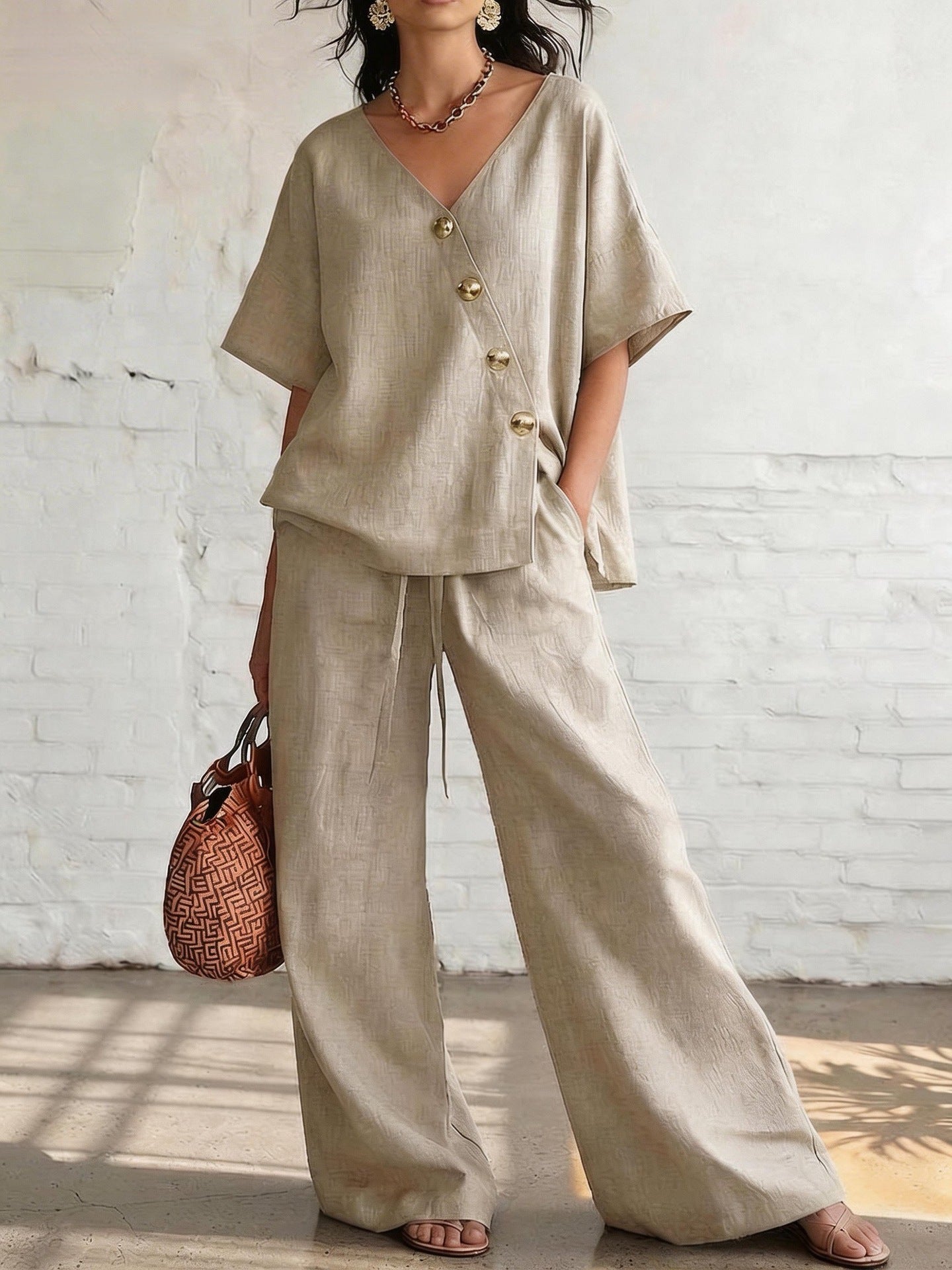 Women’s loose cotton-linen V-neck top and wide-leg pants set by FitiqueFit, casualwear outfit, relaxed fit, soft fabric.