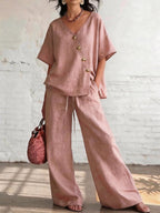 Women's loose cotton-linen V-neck top and wide-leg pants set by FitiqueFit, casualwear ensemble with relaxed fit and comfortable fabric