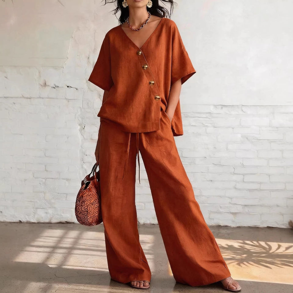 Women's loose cotton-linen V-neck top and wide-leg pants set by FitiqueFit, casualwear outfit with relaxed fit and breathable fabric.