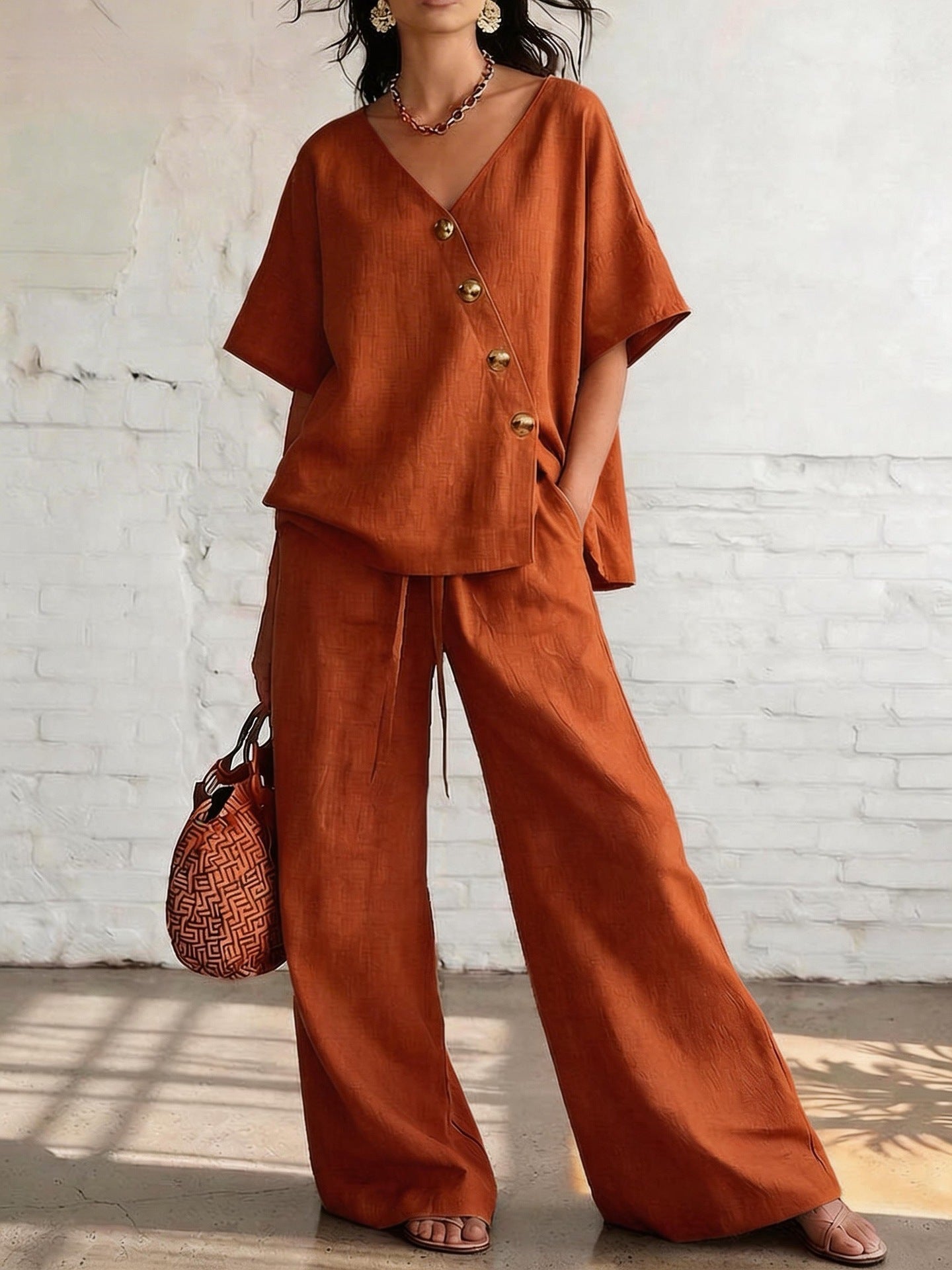 Women's loose cotton-linen V-neck top and wide-leg pants set by FitiqueFit, casualwear featuring relaxed fit and breathable fabric.