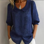 Women's loose-fit retro floral shirt by FitiqueFit featuring 3D embroidery and button-up casual design.