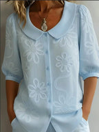 Women's loose-fit retro floral shirt with 3D embroidery and buttons, casual FitiqueFit top perfect for relaxed everyday wear.