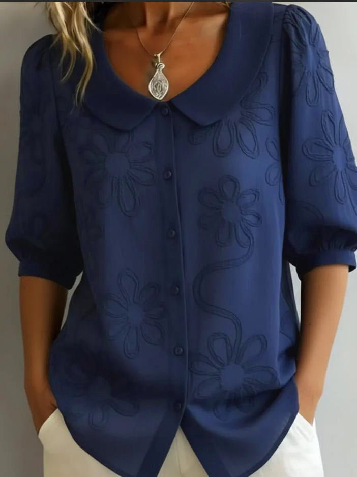 Women's loose-fit retro floral shirt by FitiqueFit with 3D embroidery, buttoned casual top, stylish and comfortable casualwear.