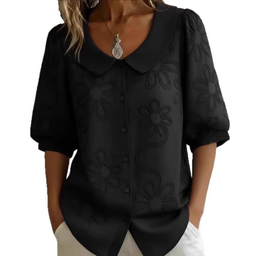 Women's loose-fit retro floral shirt with 3D embroidery and button-up front, casual FitiqueFit top for relaxed style.