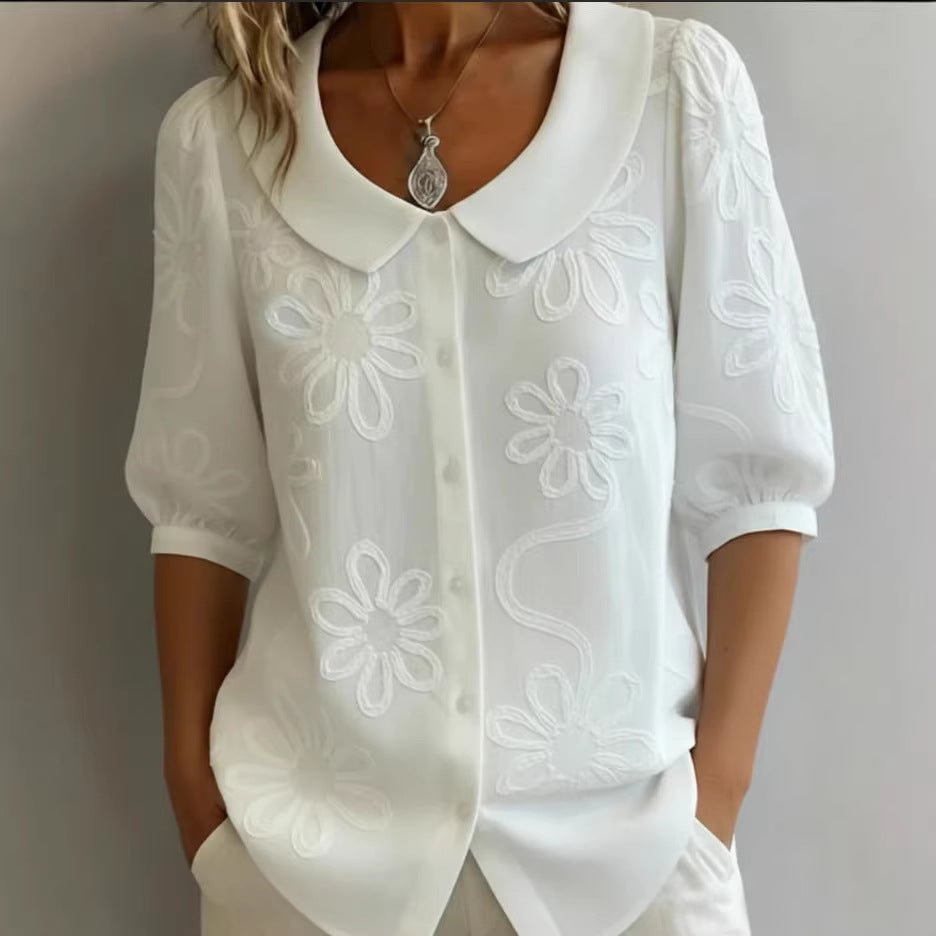 Women's loose-fit retro floral shirt with 3D embroidery and button detail, casual FitiqueFit top for relaxed style.