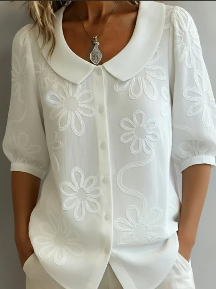 Women's loose-fit retro floral embroidered casual shirt by FitiqueFit with 3D embroidery and button details.
