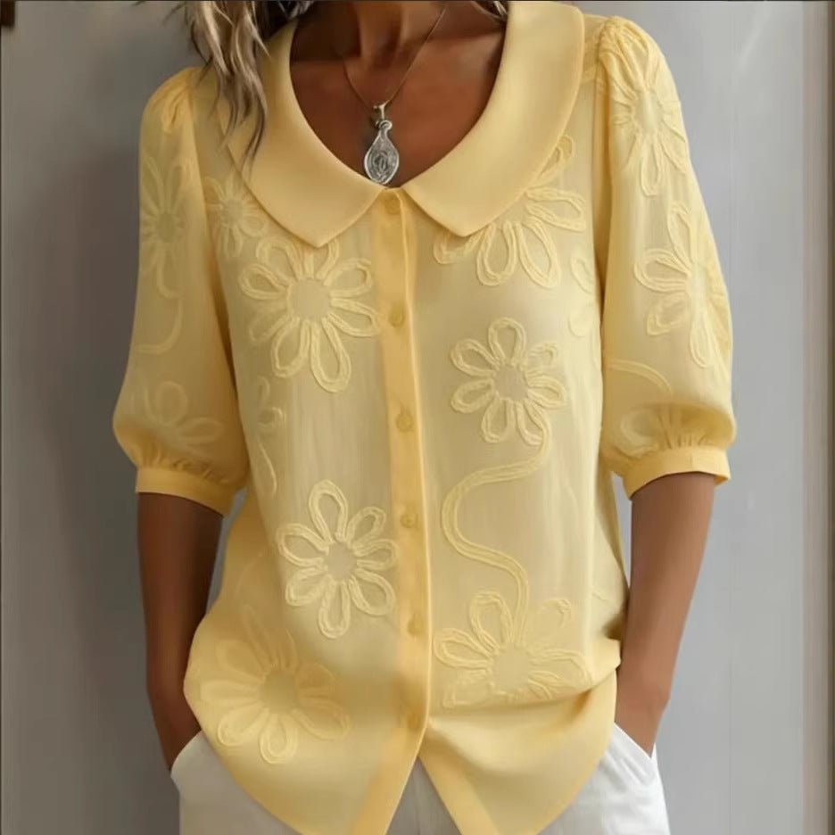 Women's loose-fit retro floral shirt by FitiqueFit with 3D embroidery and buttoned front, casual casualwear top.
