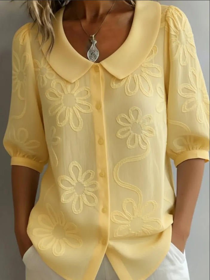 Women's loose-fit retro floral shirt by FitiqueFit with 3D embroidery, buttoned casual top, perfect for relaxed, stylish looks.