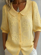 Women's loose-fit retro floral shirt by FitiqueFit with 3D embroidery, buttoned casual top, perfect for relaxed, stylish looks.