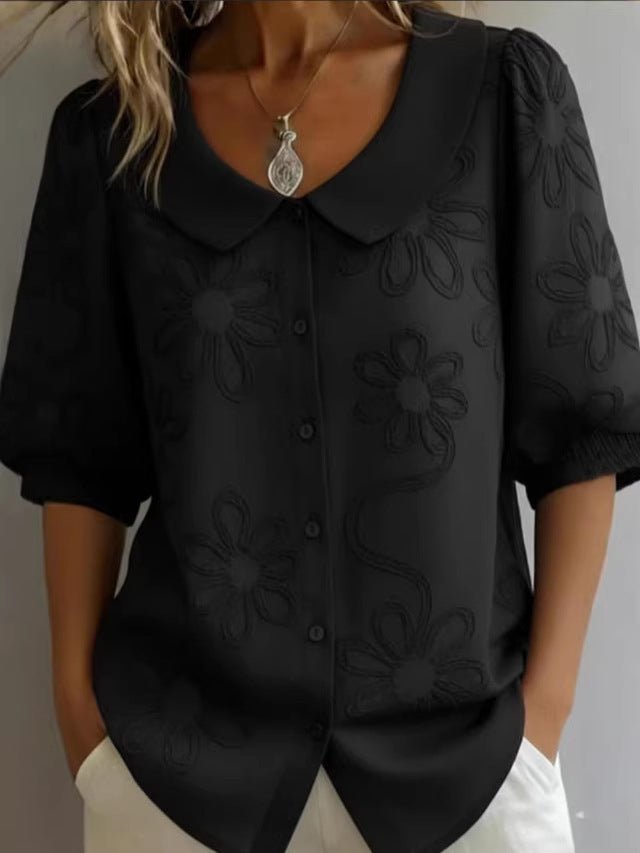 Women's loose-fit retro casual shirt by FitiqueFit with 3D embroidered floral design and button front, perfect for casual wear.
