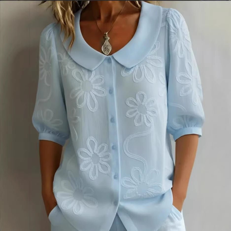 Women's loose-fit retro floral shirt by FitiqueFit with 3D embroidery and buttons, casual casualwear top for relaxed style.