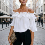 Women’s loose-fit minimalist short-sleeve casual shirt by FitiqueFit, shown in a relaxed fit with a simple, clean design.