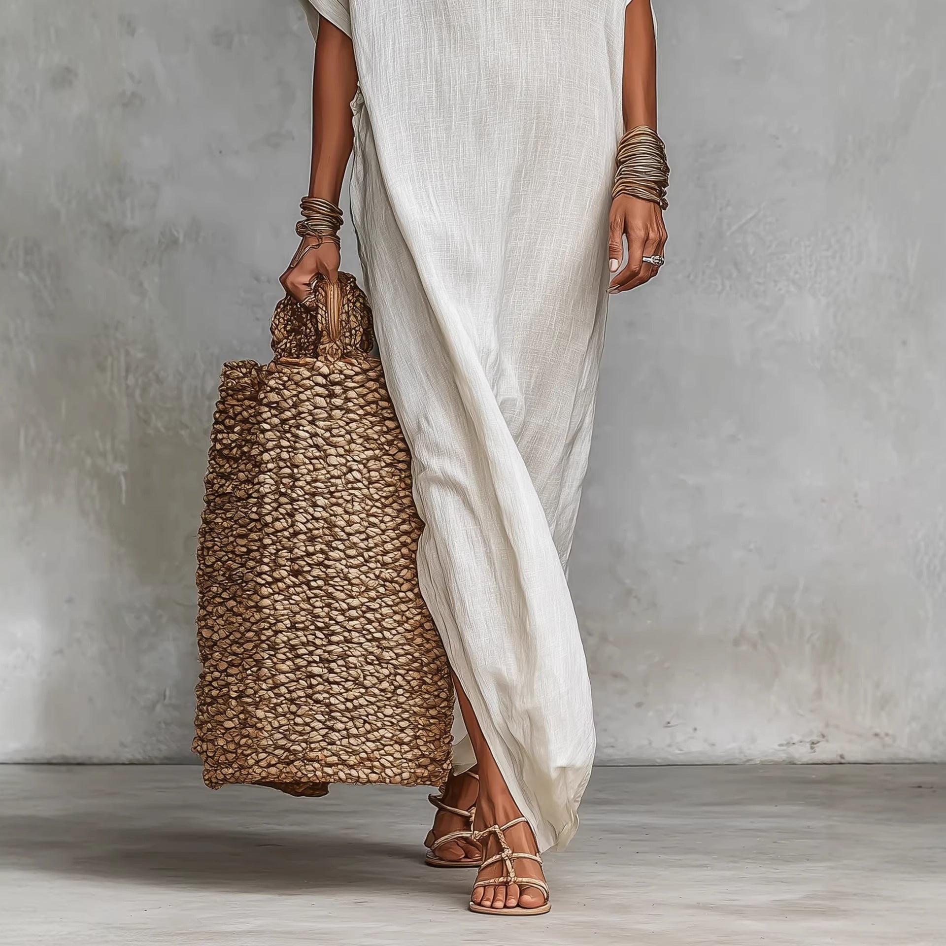 Women’s loose long batwing sleeve dress by FitiqueFit, casualwear with flowing fabric and relaxed fit, shown on a model.