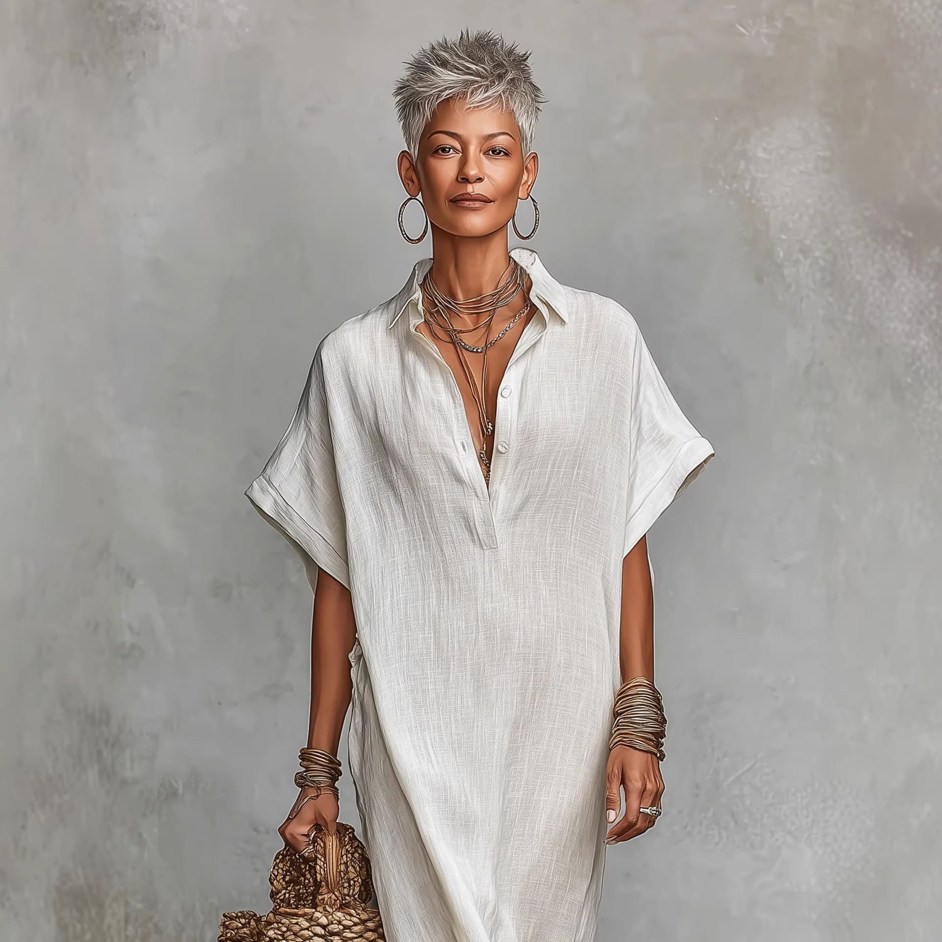 Women’s loose long batwing sleeve dress by FitiqueFit, casualwear with flowing fabric and relaxed fit, shown on a model.