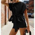 Women's casual fit short-sleeve top with lace-up front and bow-knot detail, featuring a loose round-neck design by FitiqueFit.