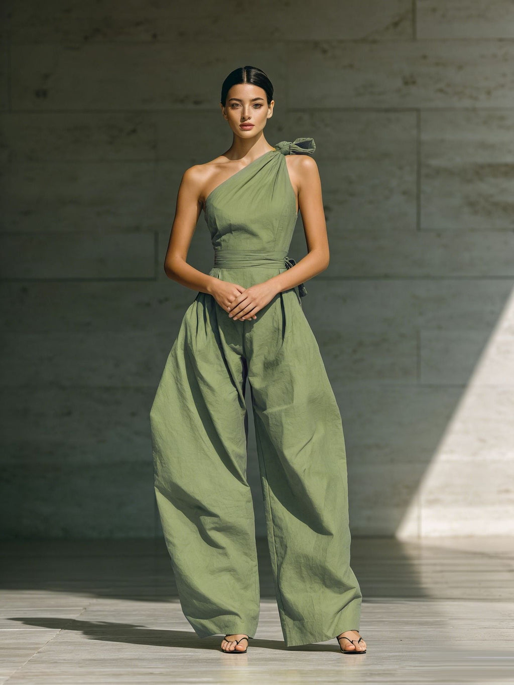 Women's loose sleeveless off-shoulder belted wide-leg jumpsuit by FitiqueFit, casualwear with flowing wide-leg design and stylish belt.