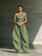 Women's loose sleeveless off-shoulder belted wide-leg jumpsuit by FitiqueFit, casualwear with flowing wide-leg design and stylish belt.
