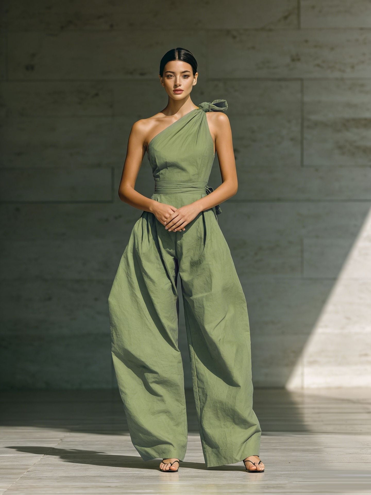 Women's loose sleeveless off-shoulder belted wide-leg jumpsuit by FitiqueFit, casualwear with flowing wide-leg design and stylish belt.