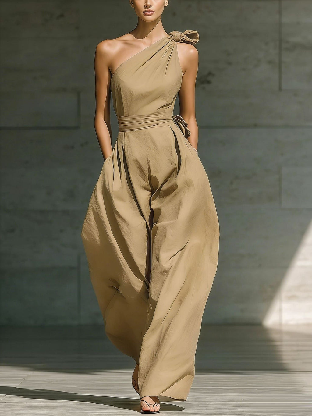 Women's loose sleeveless off-shoulder belted wide-leg jumpsuit, casualwear by FitiqueFit, shown on a model in a stylish pose.