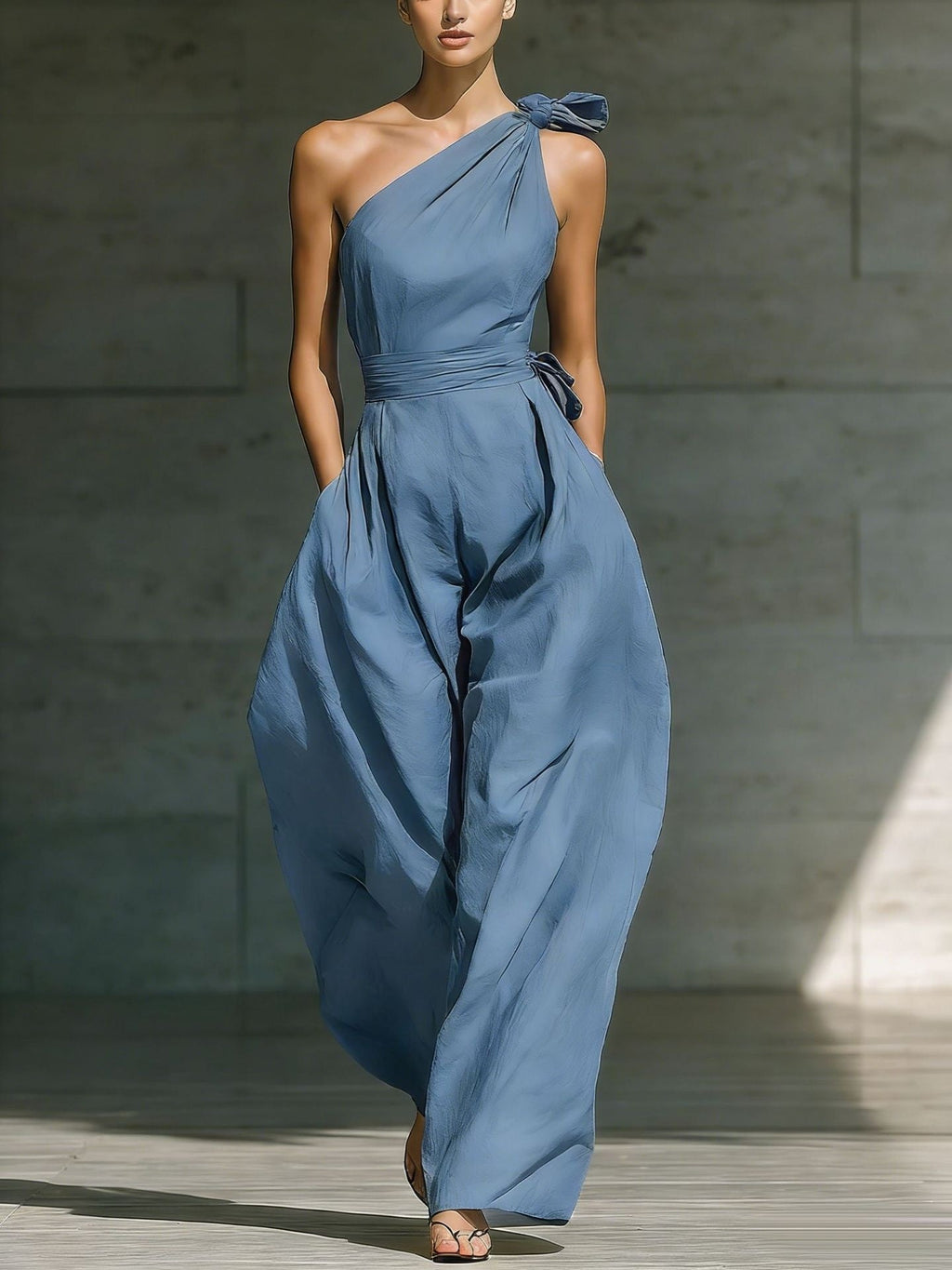 Women’s loose sleeveless off-shoulder jumpsuit with belt and wide-leg design, casualwear by FitiqueFit, shown on a model.