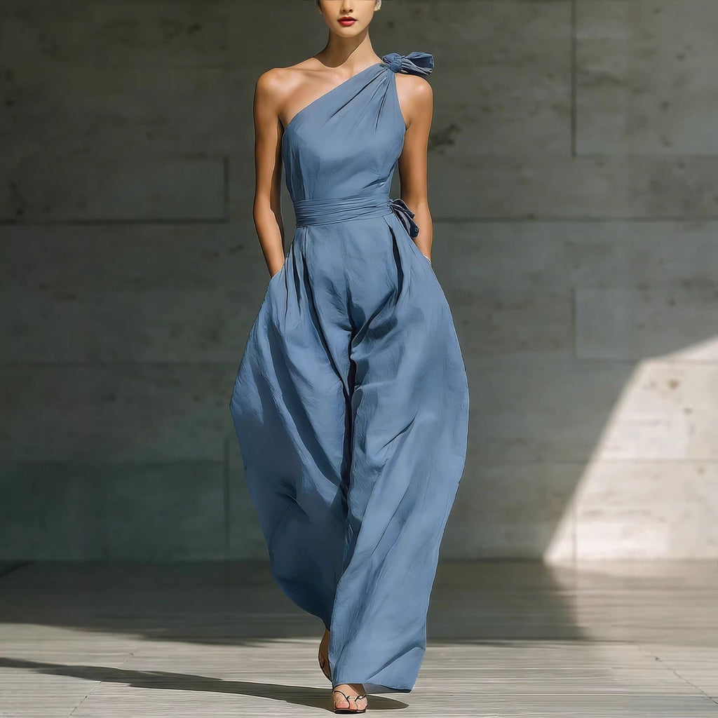 Women's loose sleeveless off-shoulder jumpsuit with belt and wide-leg design, casualwear by FitiqueFit.