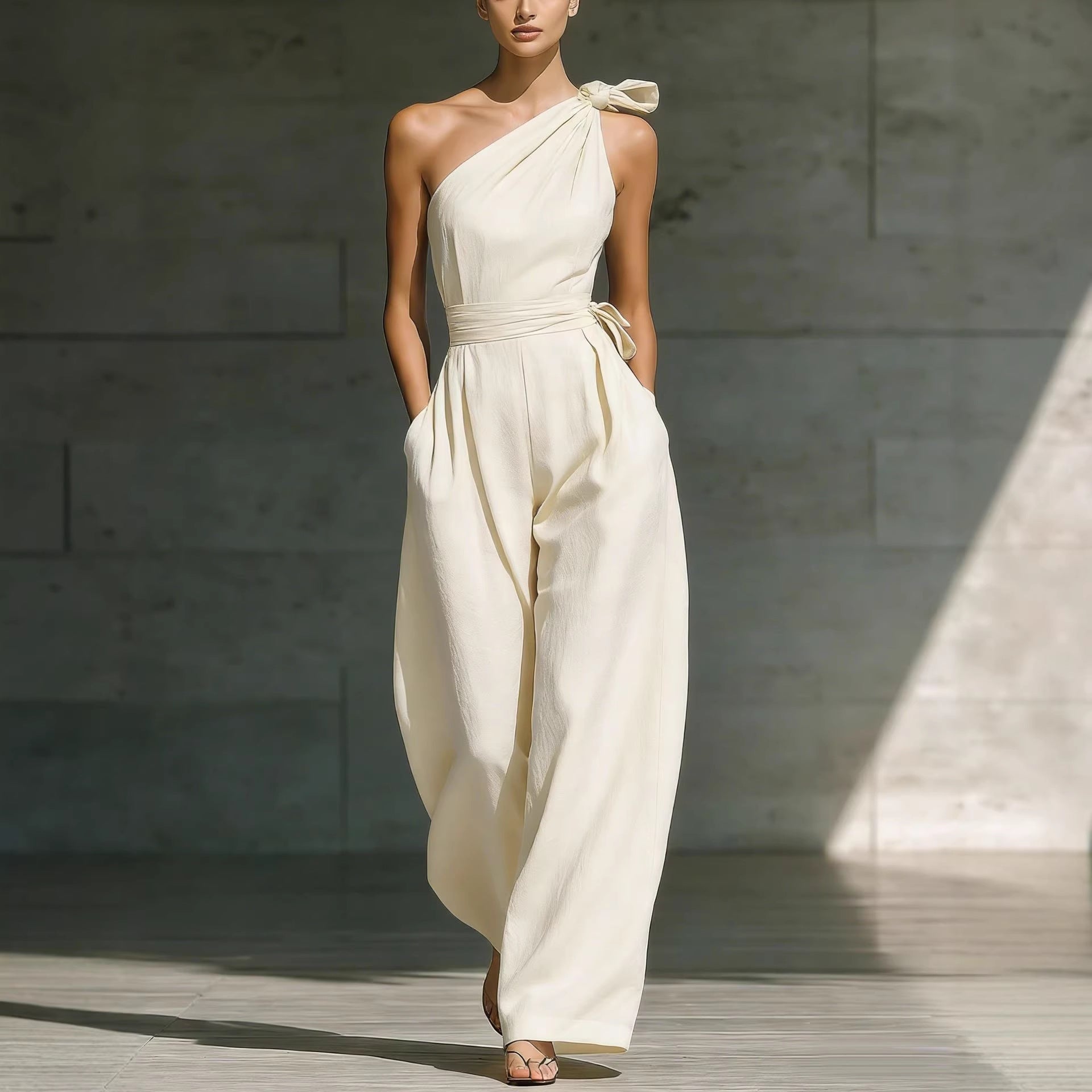 Women's loose sleeveless off-shoulder belted wide-leg jumpsuit by FitiqueFit, featuring a relaxed fit and stylish design.