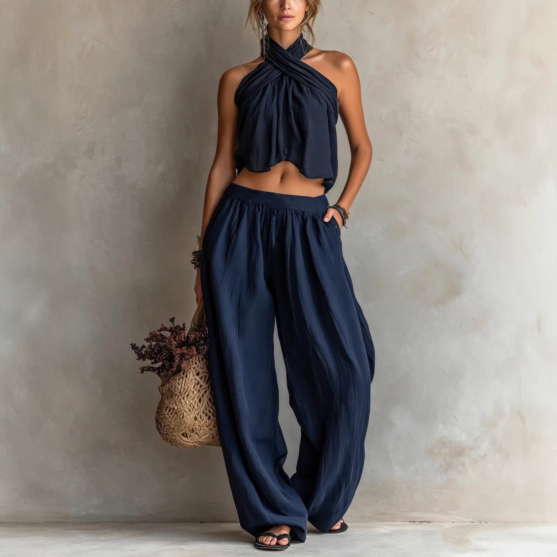 Women's linen blend sleeveless top and wide-leg pants set by FitiqueFit, casualwear with relaxed fit and breathable fabric.