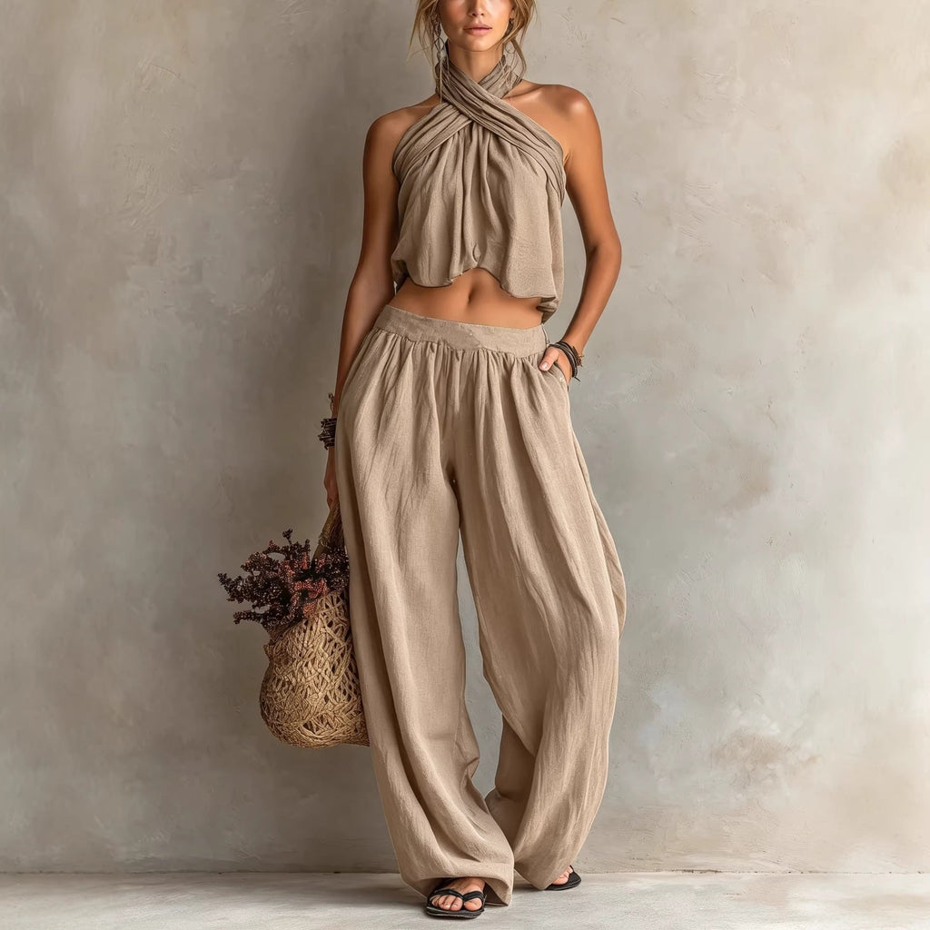 Women's linen blend sleeveless top and wide-leg pants set by FitiqueFit, casualwear with relaxed fit and breathable fabric.