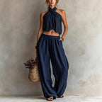 Women's linen blend sleeveless top and wide-leg pants casualwear set by FitiqueFit, featuring relaxed fit and breathable fabric.