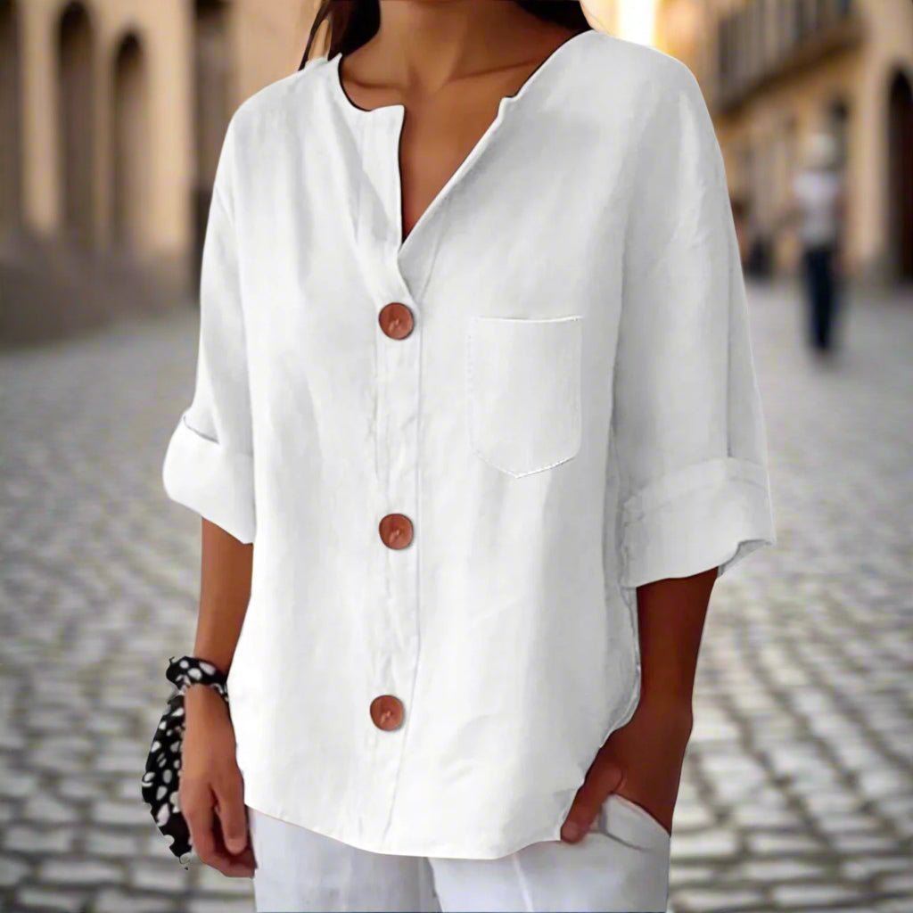 Women's loose V-neck T-shirt by FitiqueFit, cotton linen button-top, casualwear with relaxed fit and lightweight fabric.