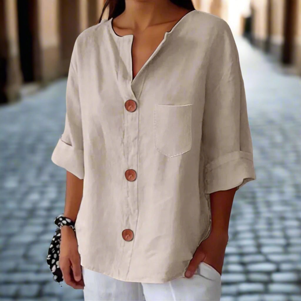 Women’s loose V-neck T-shirt by FitiqueFit, made of cotton linen fabric with button details, casual women's top.