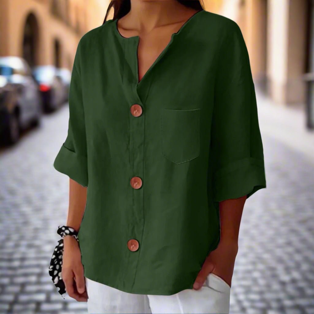 Women’s loose V-neck T-shirt from FitiqueFit, made of cotton linen with button details, casualwear top for comfortable everyday style.