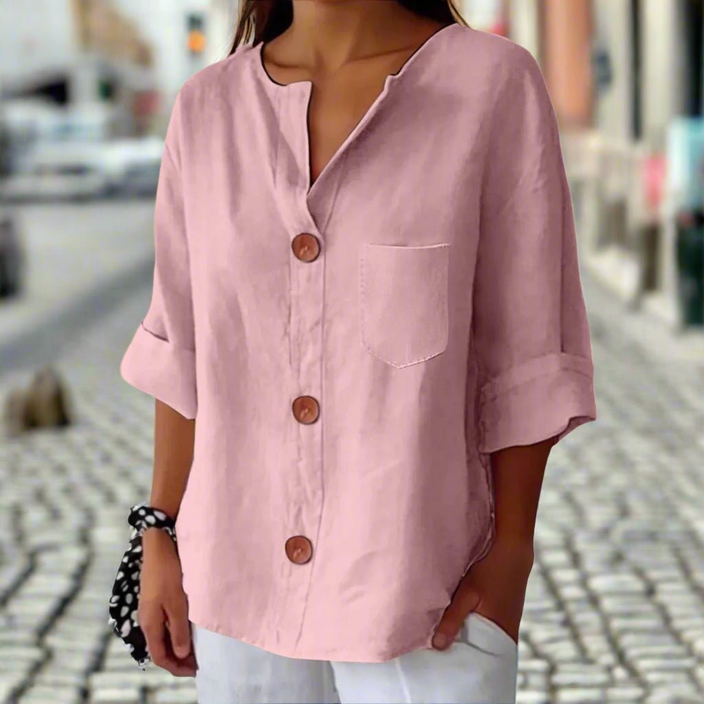 Women’s loose V-neck T-shirt by FitiqueFit, made of cotton and linen with button details, casualwear top for relaxed style.