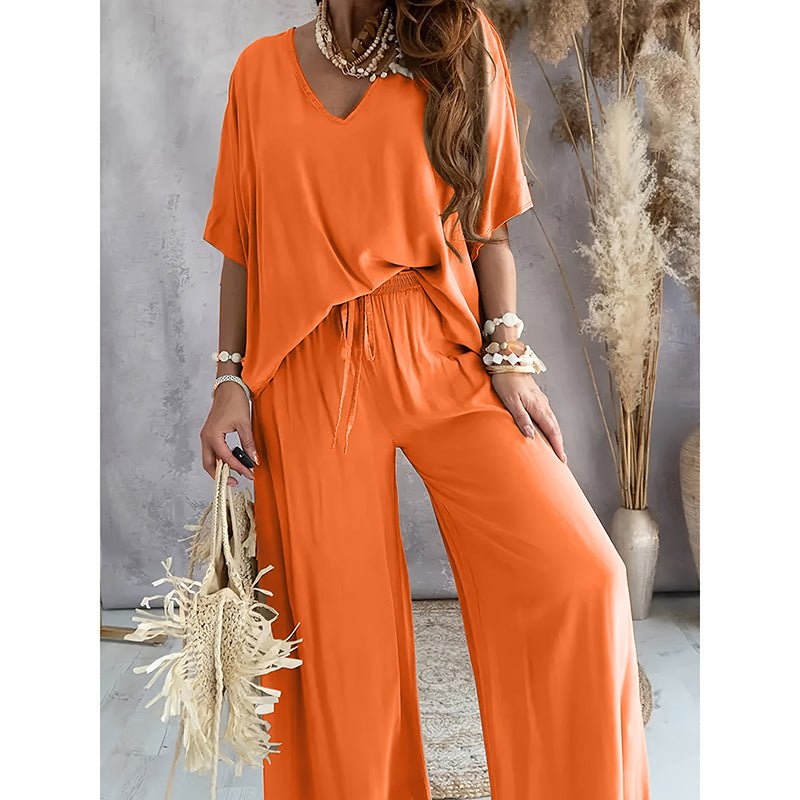 Women’s lounge set with wide-leg pants by FitiqueFit, featuring comfortable casualwear for relaxed, stylish indoor wear.