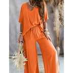 Women’s lounge set with wide-leg pants by FitiqueFit, featuring comfortable casualwear for relaxed, stylish indoor wear.