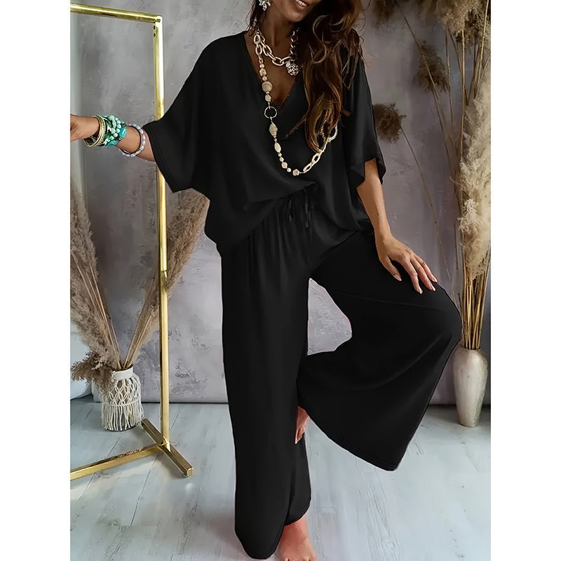 Women’s casual lounge set with wide-leg pants by FitiqueFit, featuring soft fabric and relaxed fit for comfortable everyday wear.
