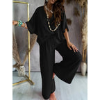 Women’s casual lounge set with wide-leg pants by FitiqueFit, featuring soft fabric and relaxed fit for comfortable everyday wear.