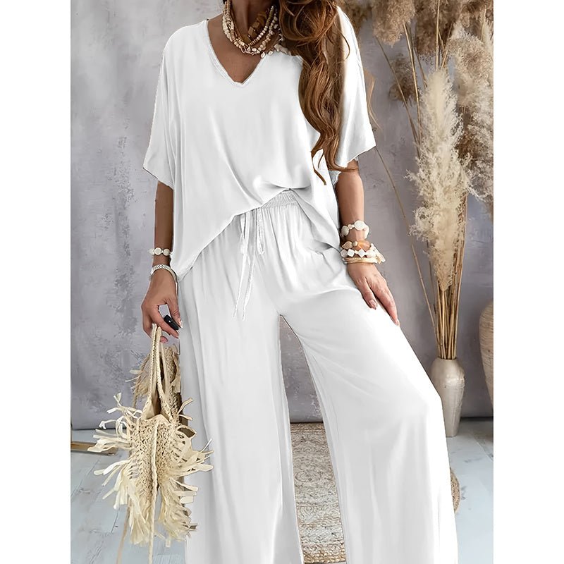 Women’s lounge set with wide-leg pants by FitiqueFit, featuring a comfortable, casualwear outfit perfect for relaxed days.