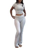 Women’s low-waisted folded waist flared pants, casual wide-leg trousers from FitiqueFit, showcasing their relaxed, stylish fit.