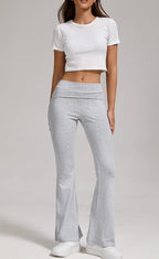 Women's low-waisted folded waist flared pants by FitiqueFit, featuring wide-leg casual trousers with a relaxed fit.