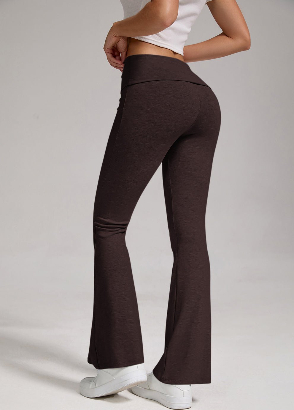 Women's low-waisted folded waist flared pants by FitiqueFit, casual wide-leg trousers with a stylish low-rise design.