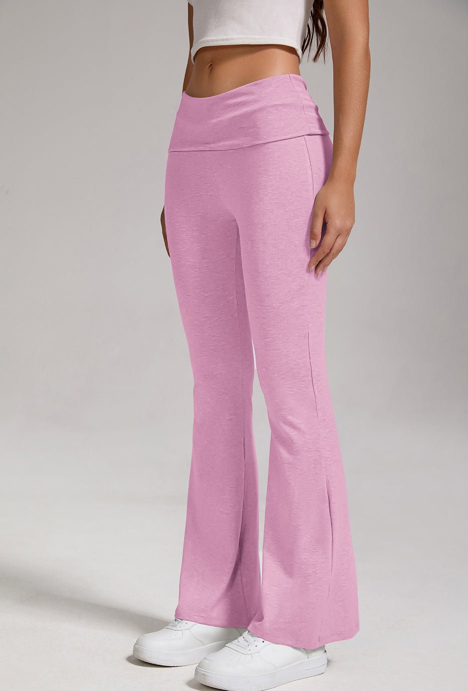 Women's low-waisted flared pants with folded waist and wide-leg fit, casualwear by FitiqueFit.